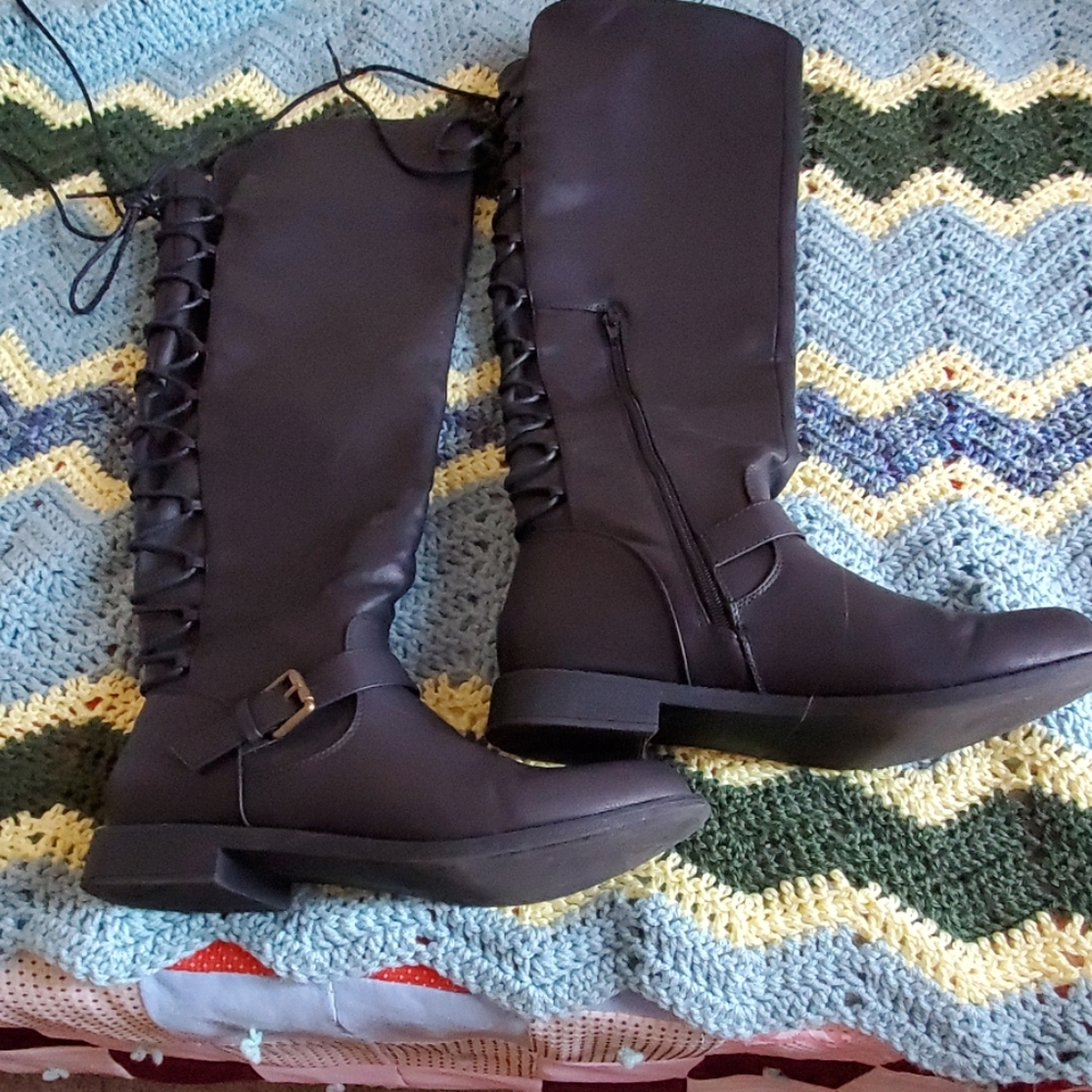 Black Tall Riding Boots Low Heal Tie-up Buckle Zipper